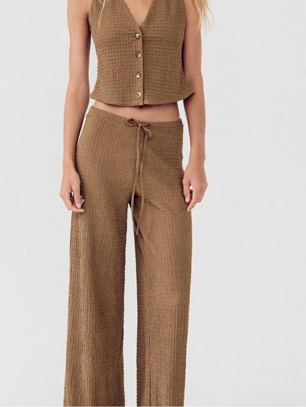 Zara Camel Brown Textured Button-Front V-Neck Vest and pants co-ord set, M